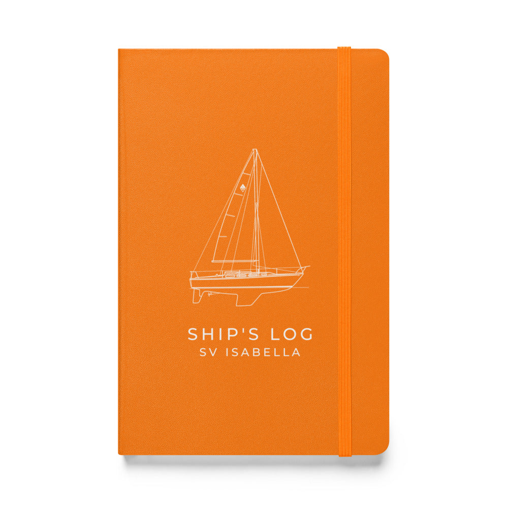Custom Ship's Log hardcover notebook with a line drawing of a sailboat on the cover - Orange cover