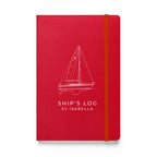 Custom Ship's Log hardcover notebook with a line drawing of a sailboat on the cover - Red cover