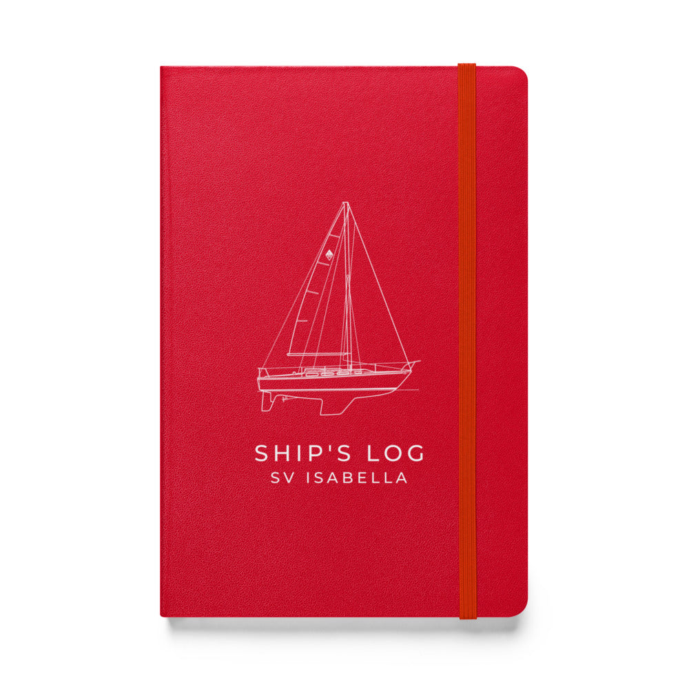 Custom Ship's Log hardcover notebook with a line drawing of a sailboat on the cover - Red cover