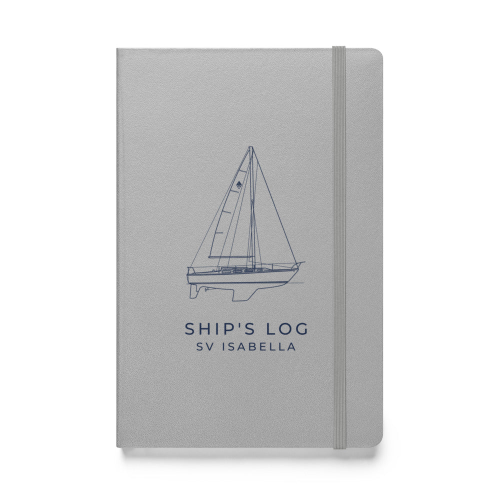 Custom Ship's Log hardcover notebook with a line drawing of a sailboat on the cover - Silver cover