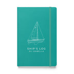 Custom Ship's Log hardcover notebook with a line drawing of a sailboat on the cover - Turquoise cover