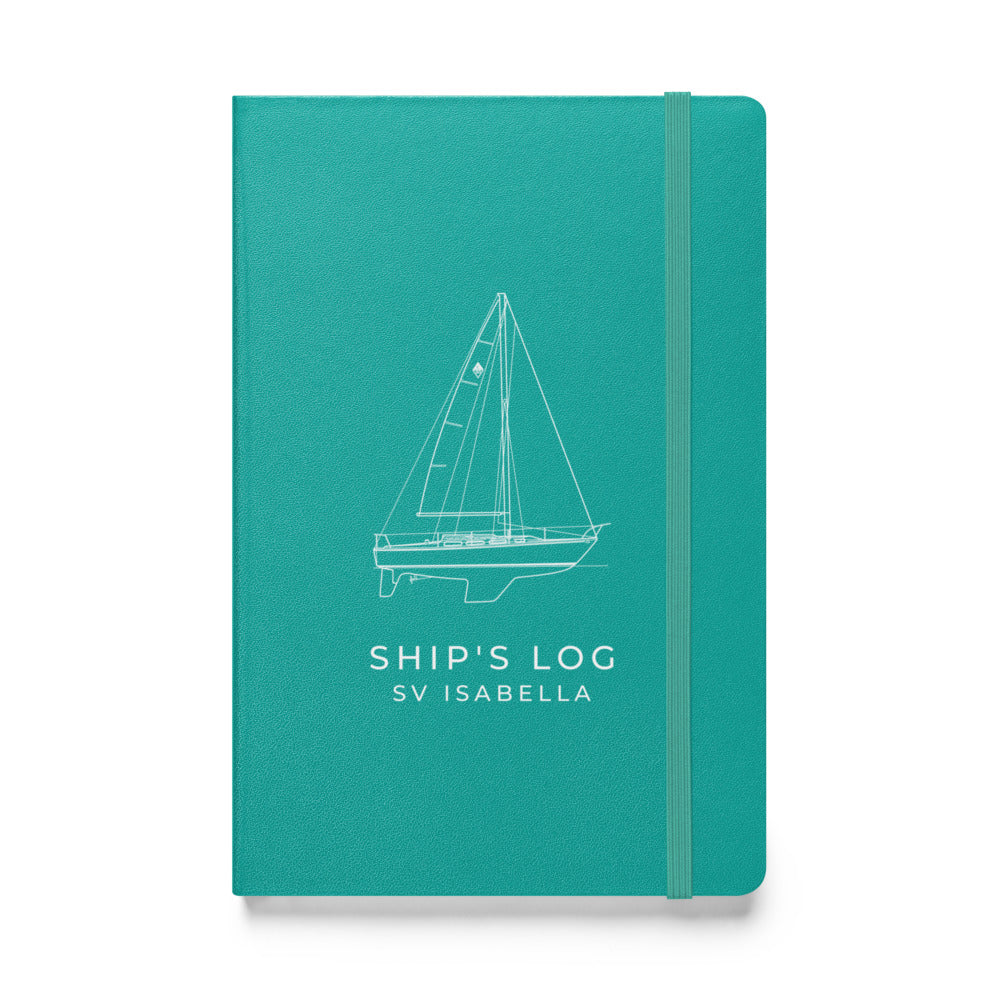 Custom Ship's Log hardcover notebook with a line drawing of a sailboat on the cover - Turquoise cover