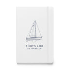 Custom Ship's Log hardcover notebook with a line drawing of a sailboat on the cover - White cover