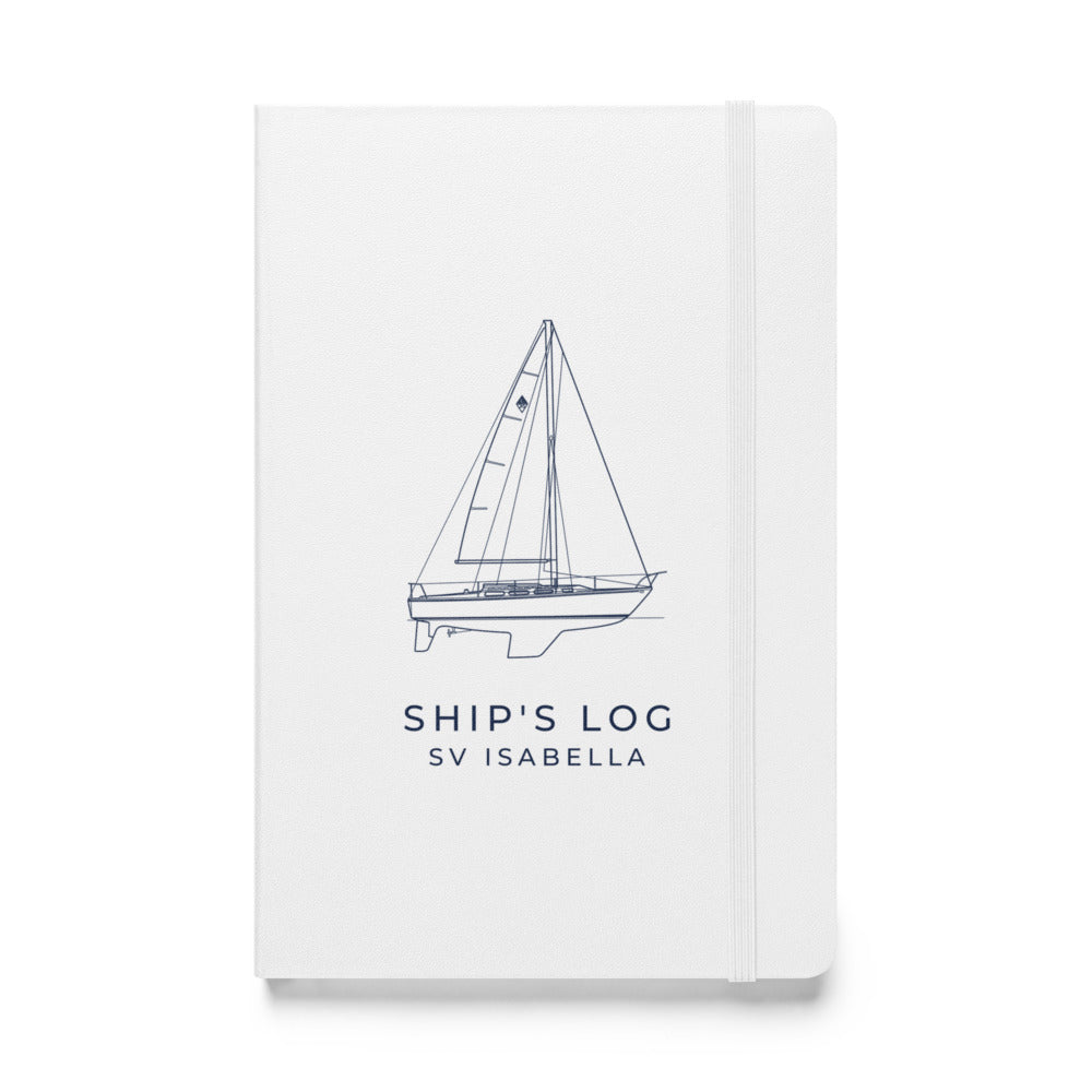 Custom Ship's Log hardcover notebook with a line drawing of a sailboat on the cover - White cover