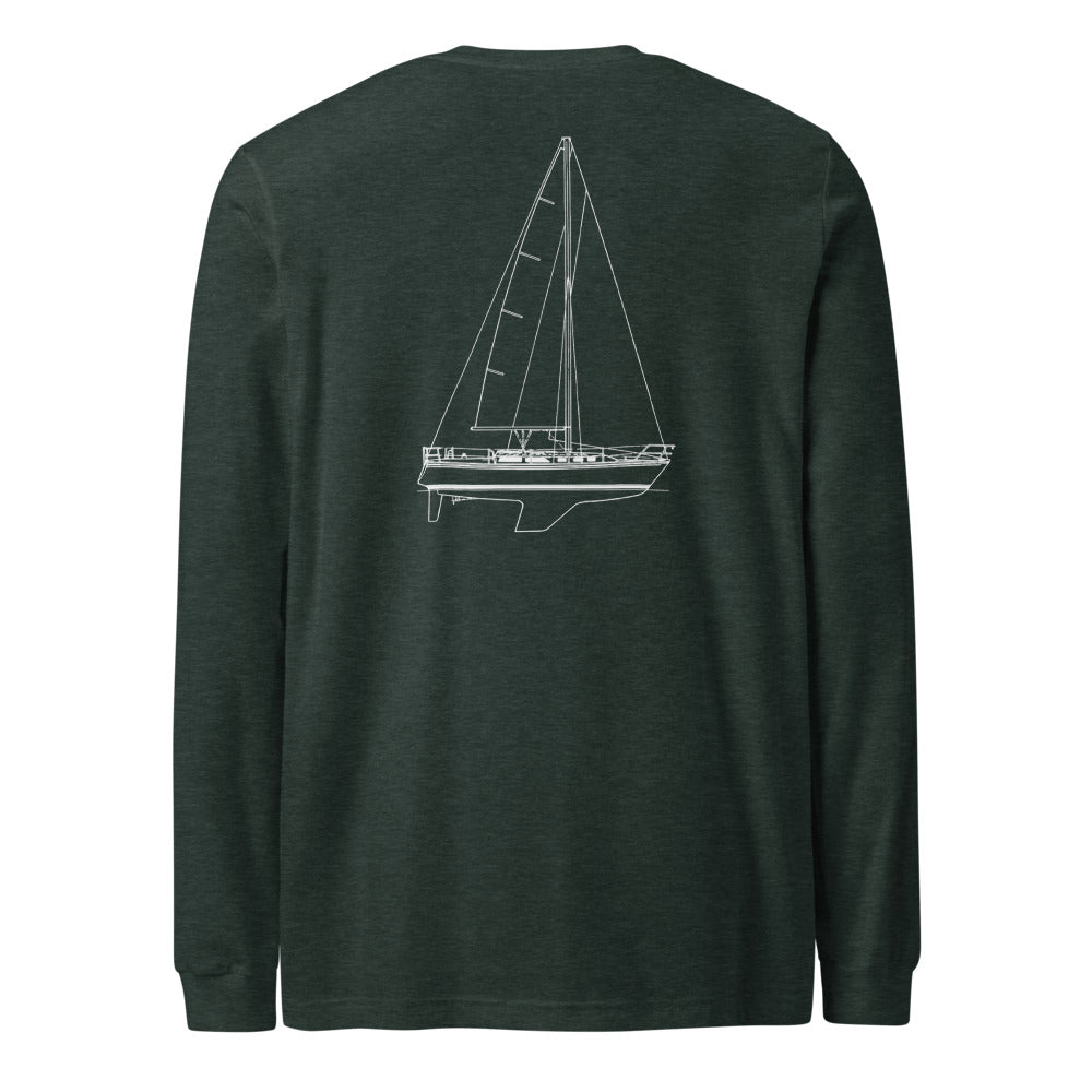 Catalina 34 sailboat long sleeve shirt in Heather Forest - back design