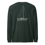 Catalina 34 sailboat long sleeve shirt in Heather Forest - back design