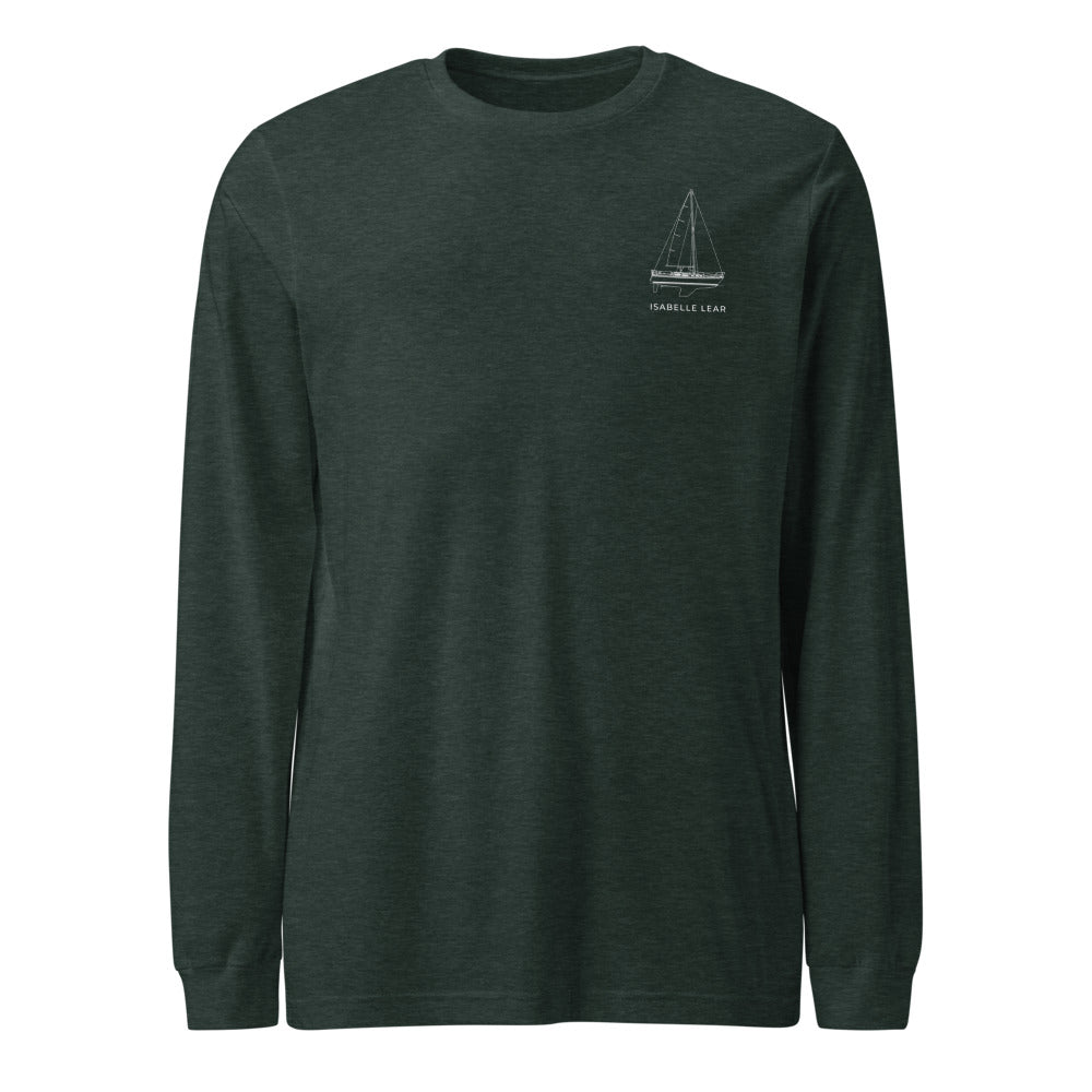 Catalina 34 sailboat long sleeve shirt in Heather Forest - front design
