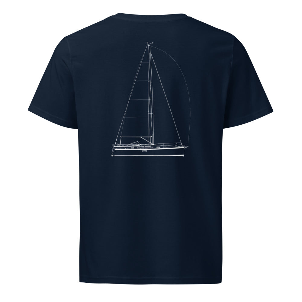 Hallberg-Rassy 340 sailboat shirt in French Navy - back design