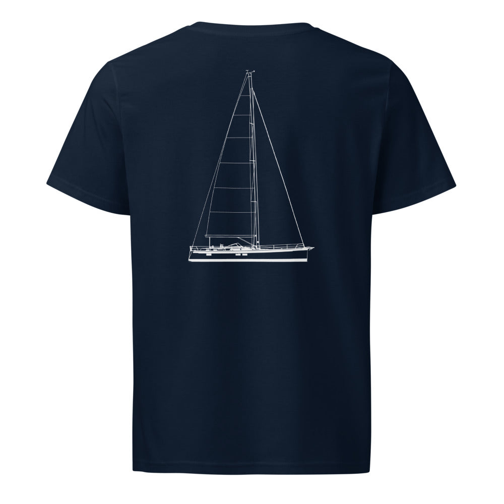 Hallberg-Rassy 57 sailboat shirt in French Navy - back design