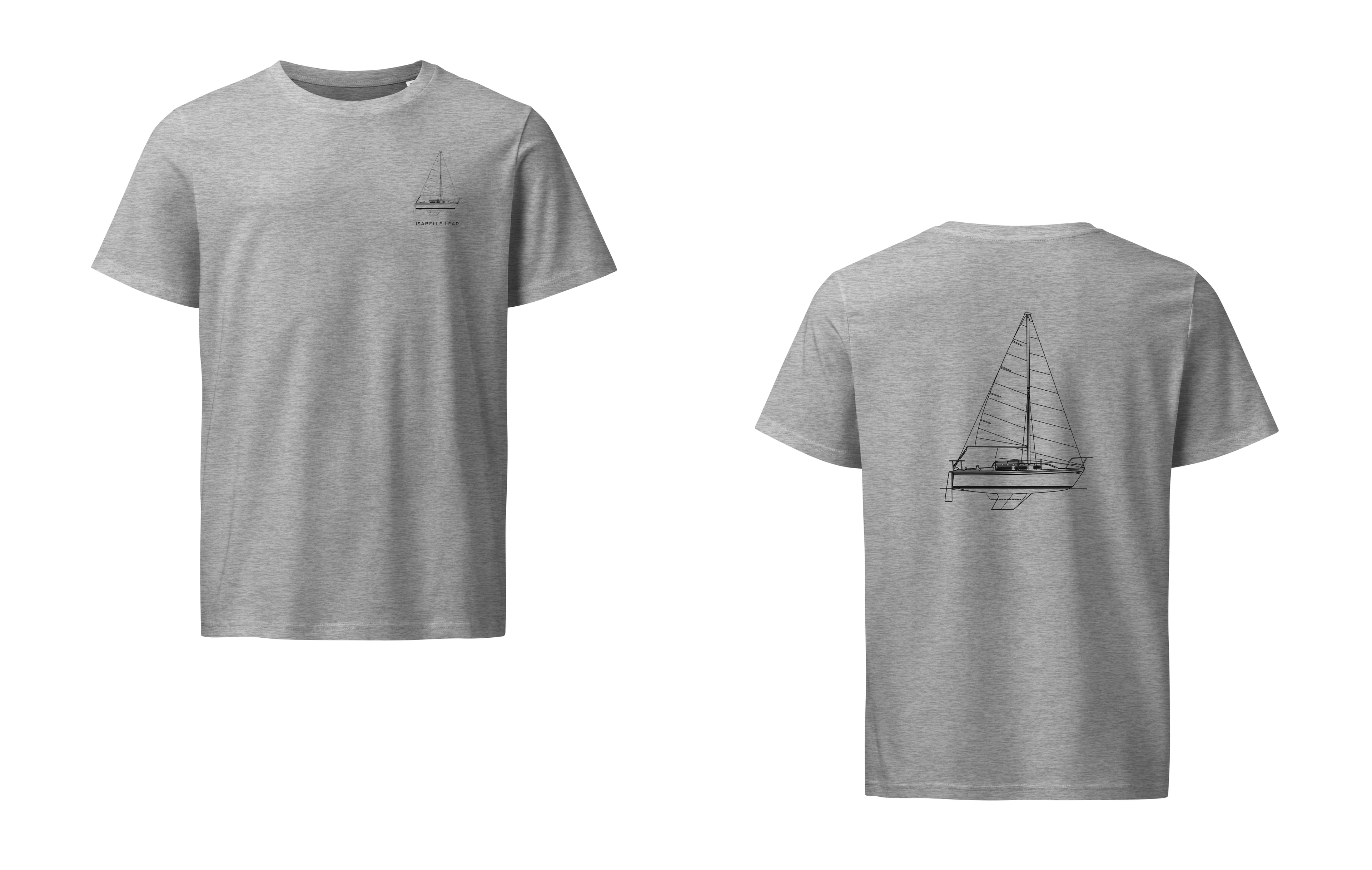 Catalina 25 sailboat shirt in Heather Grey - front and back view