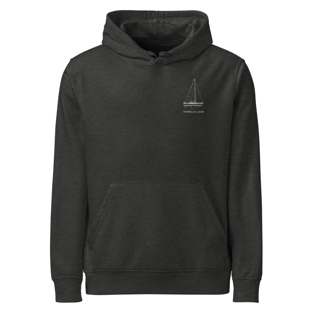 Catalina 34 sailboat hoodie in Dark Heather Grey - front design