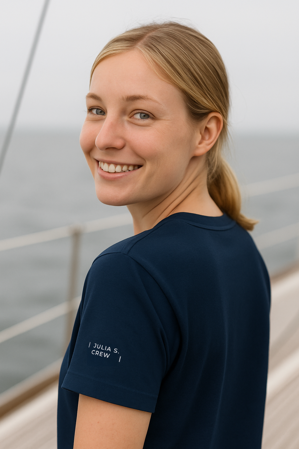 Woman wearing navy crew tee on sailboat - lifestyle closeup