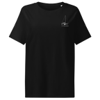 Crew tee black front view with sailboat drawing and boat name