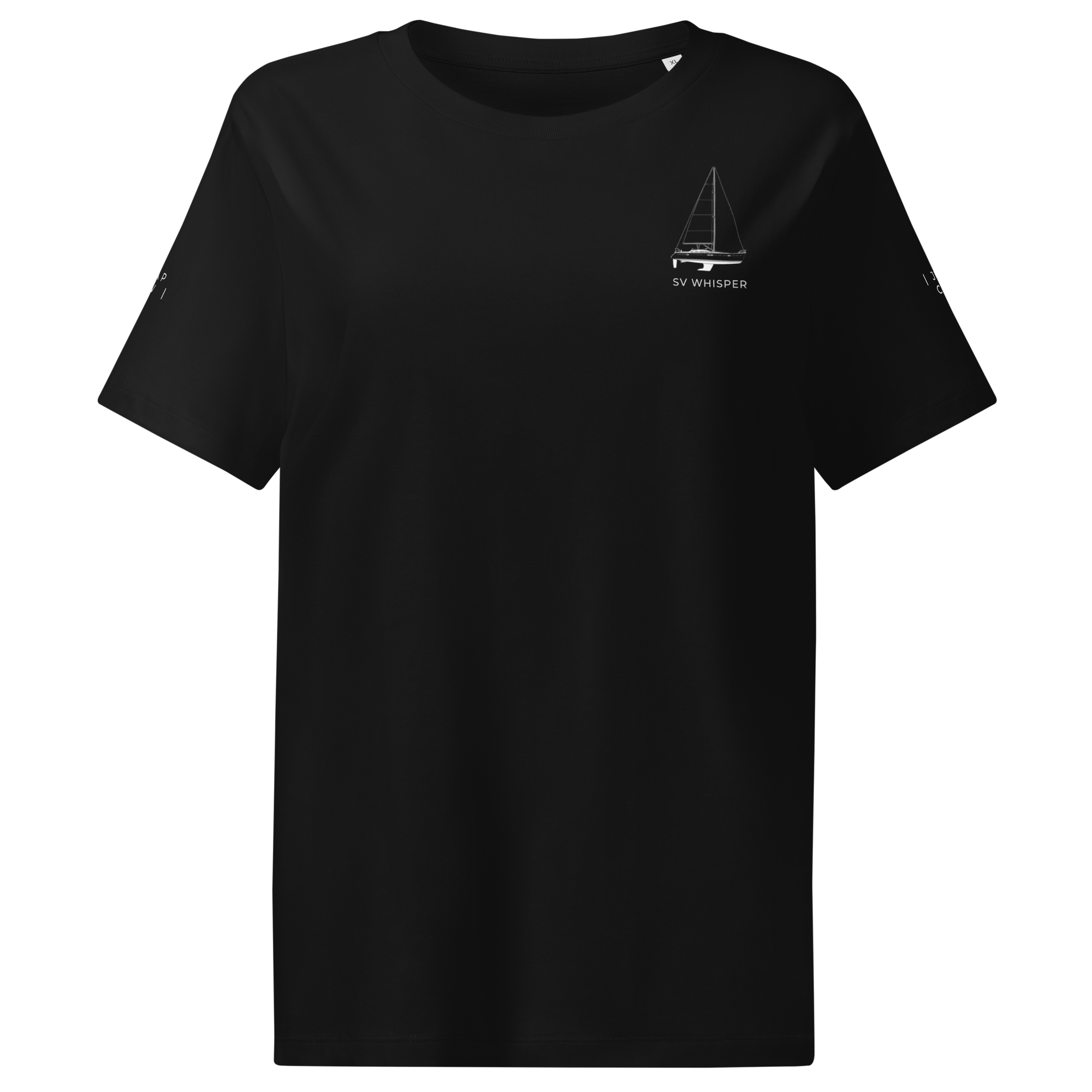 Crew tee black front view with sailboat drawing and boat name