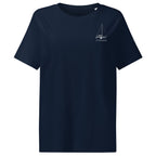 Crew tee french navy front view with sailboat line art and boat name