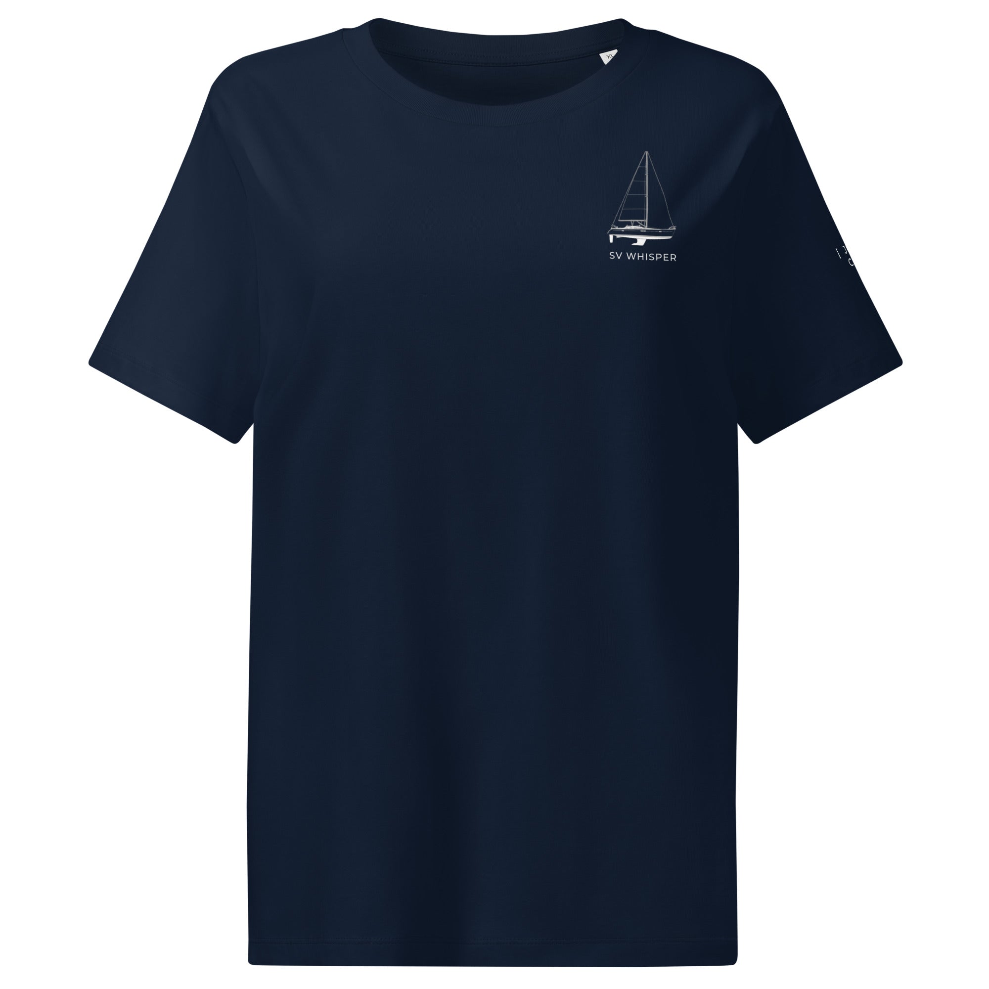 Crew tee french navy front view with sailboat line art and boat name